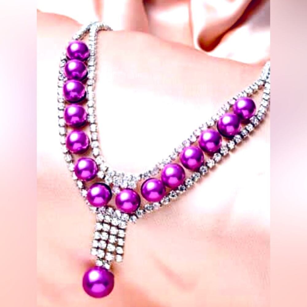 Beautiful Simulated Purple Pearl and White Austrian Crystal Necklace